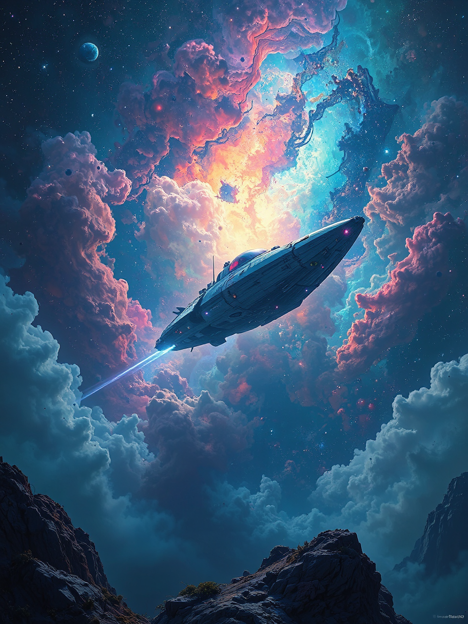 A spaceship crosses a