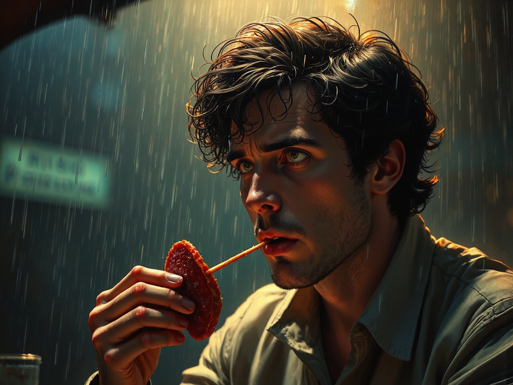 Young man eats salami