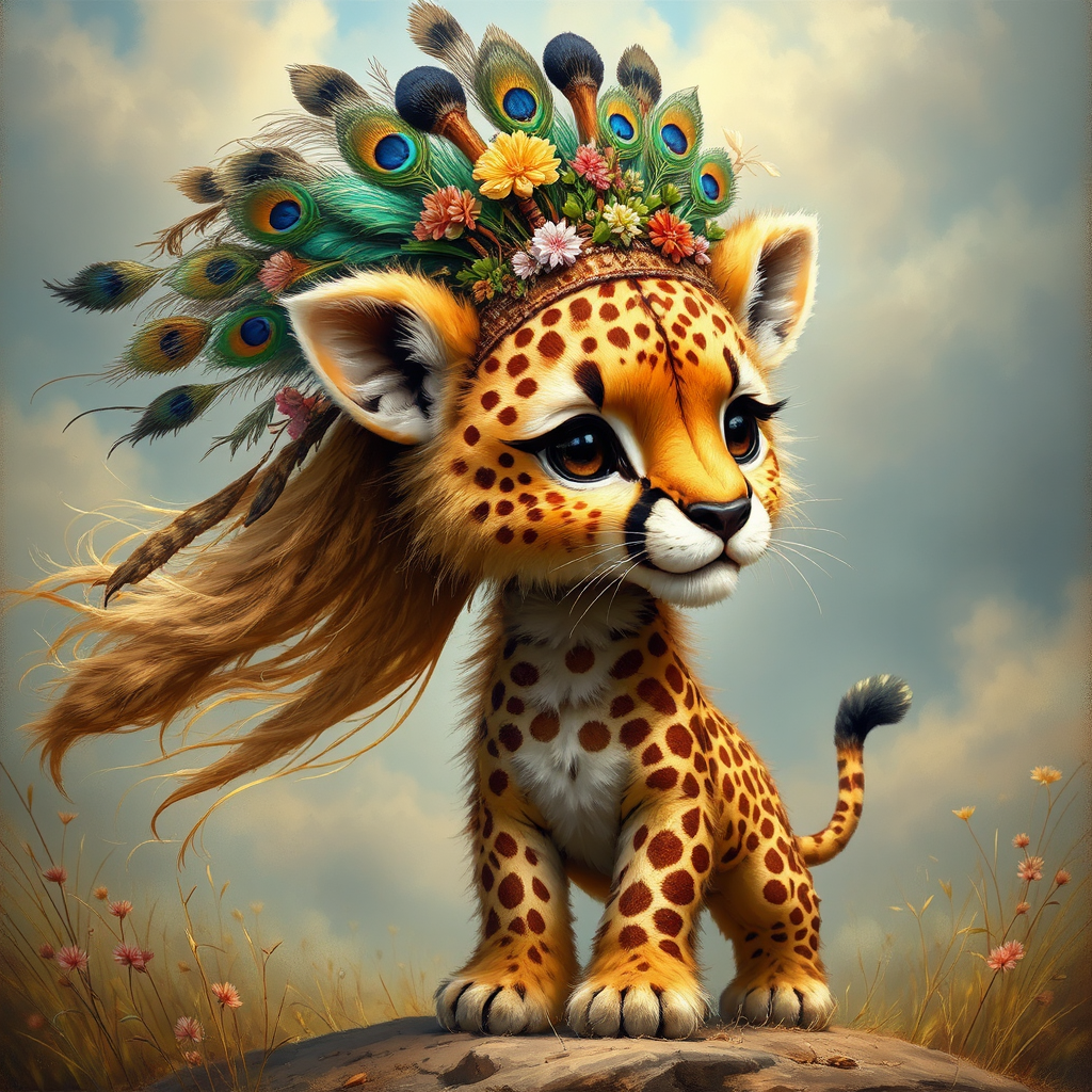 Giraffe-zebra-lion hybrid in headdress.