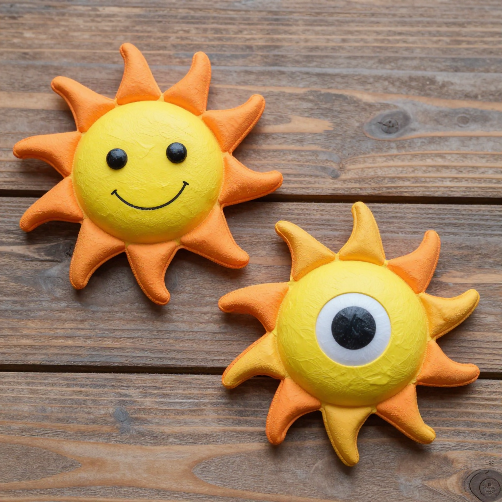 Two cheerful yellow toy suns rest on a warm wooden surface, one smiling with black eyes and glowi...