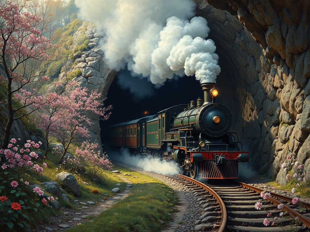 19th-century train entering a