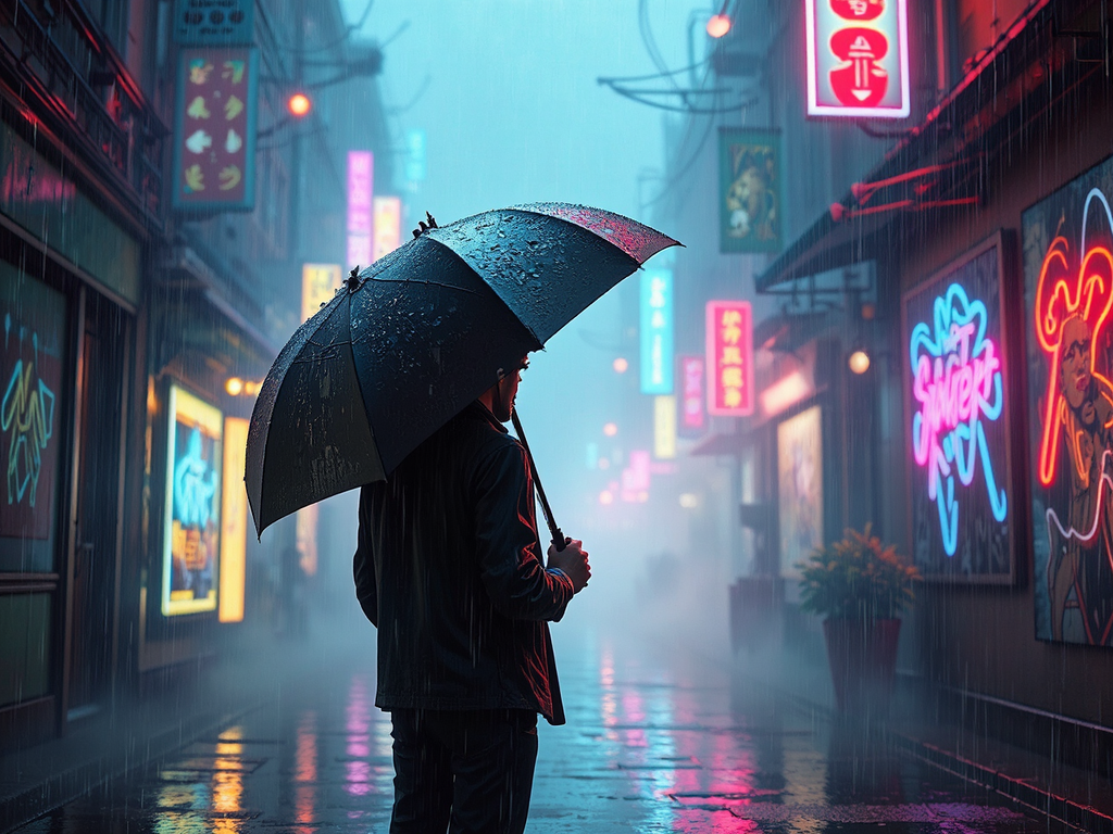 Man under rainy urban