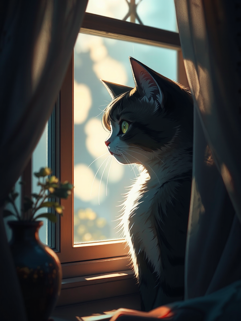 A cat looks out