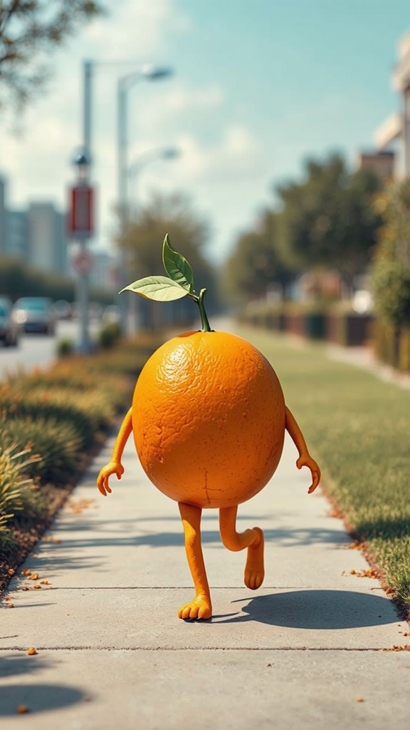 Anthropomorphic orange walking on