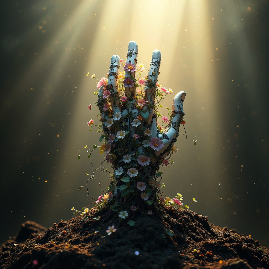 Mechanical hand emerging from