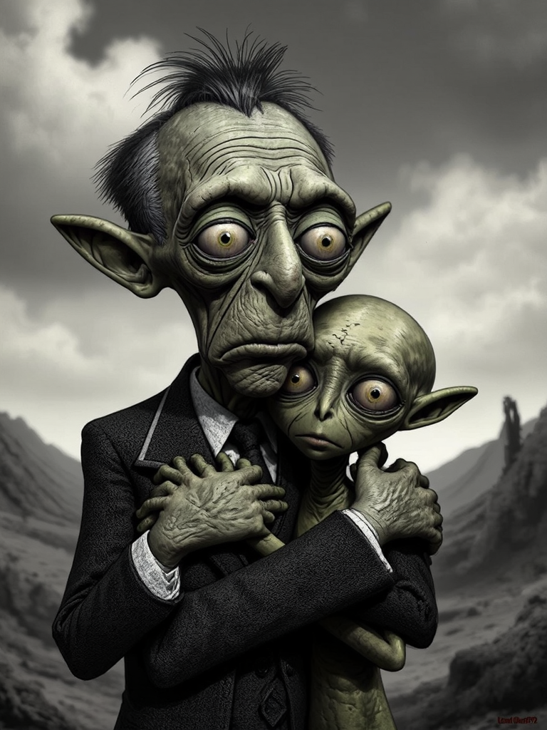 Philosopher hugging extraterrestrial being.