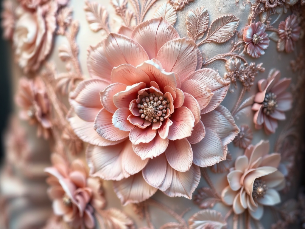 Elaborate silk floral embroidery.