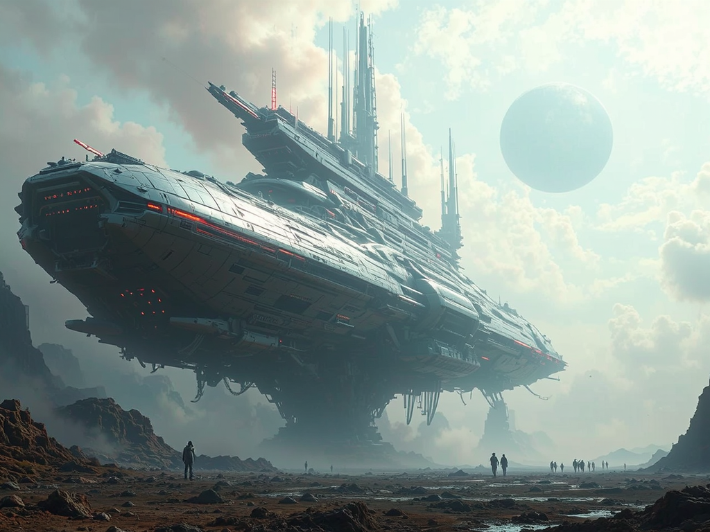 A massive cyberpunk spaceship