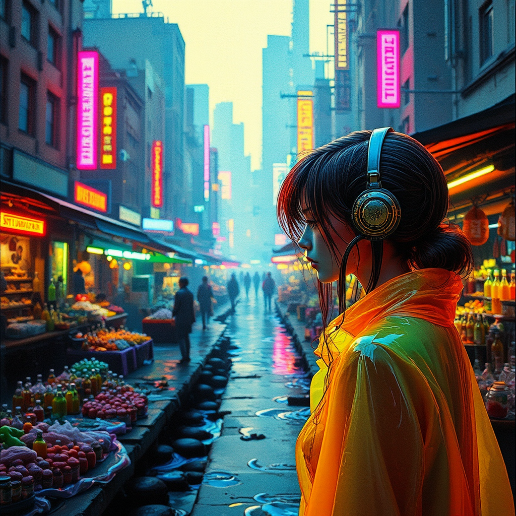 A vibrant cyberpunk market