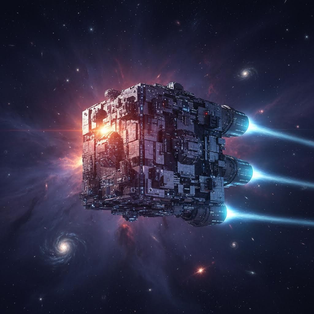A colossal, angular Borg ship looms menacingly, its metallic hull gleaming under cold starlight, ...