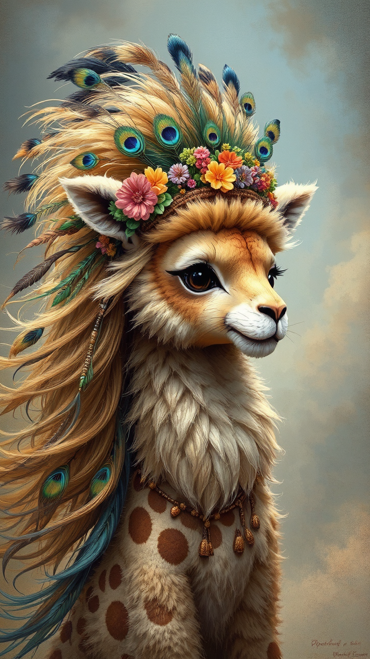 Lion-llama-giraffe mix with peacock