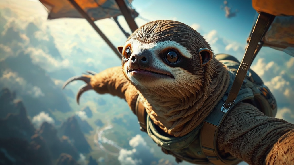 Sloth in mid-skydiving pose.