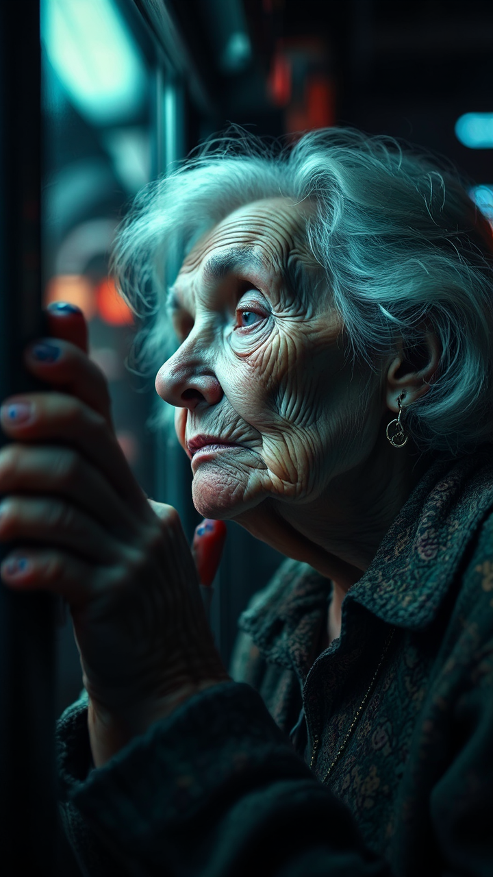 An elderly woman grasping