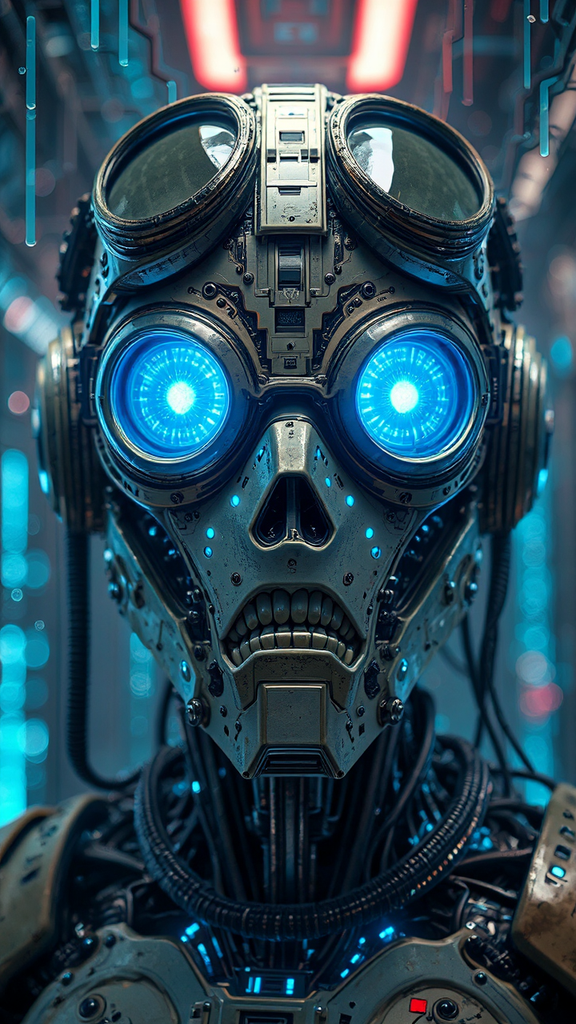Angry futuristic robot in