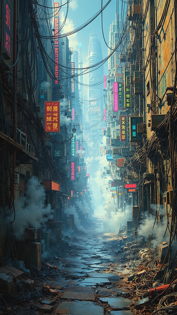 Cyberpunk megacity alleyway with