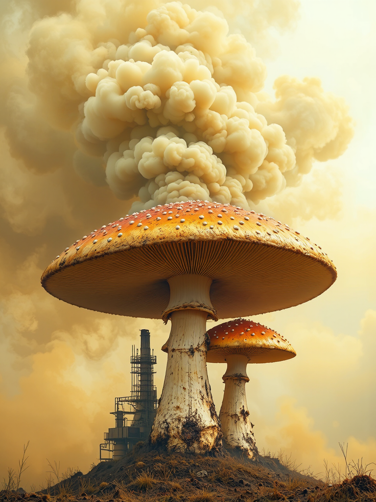 Large mushrooms emitting smoke
