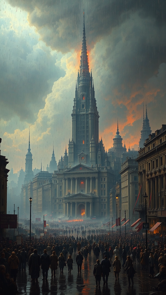 Cityscape with heavy rain