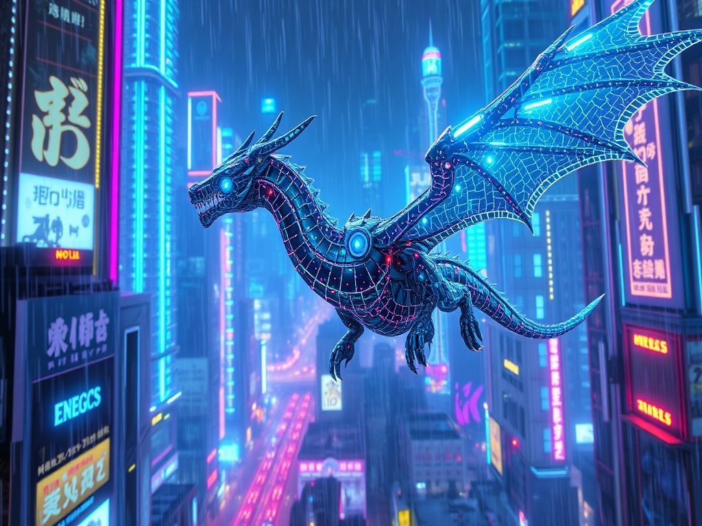 A cybernetic dragon soars