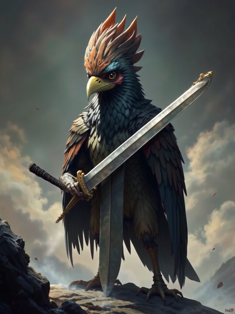 A humanoid bird wields