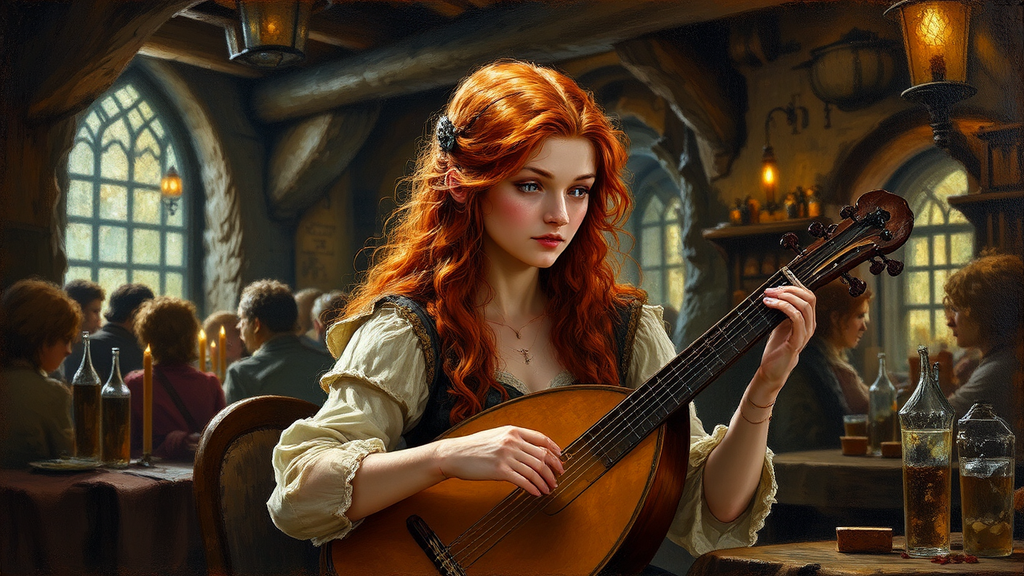 Redheaded woman plays lute
