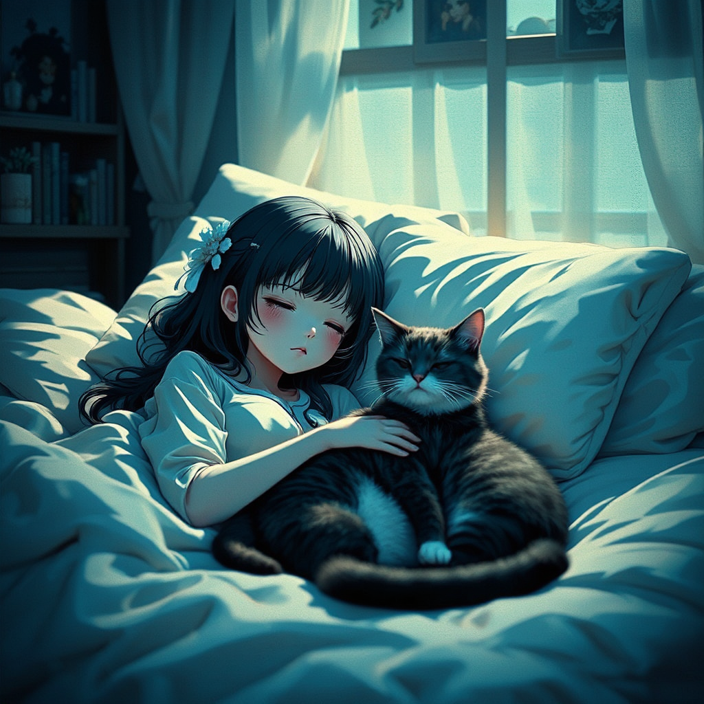 Girl and cat sleep