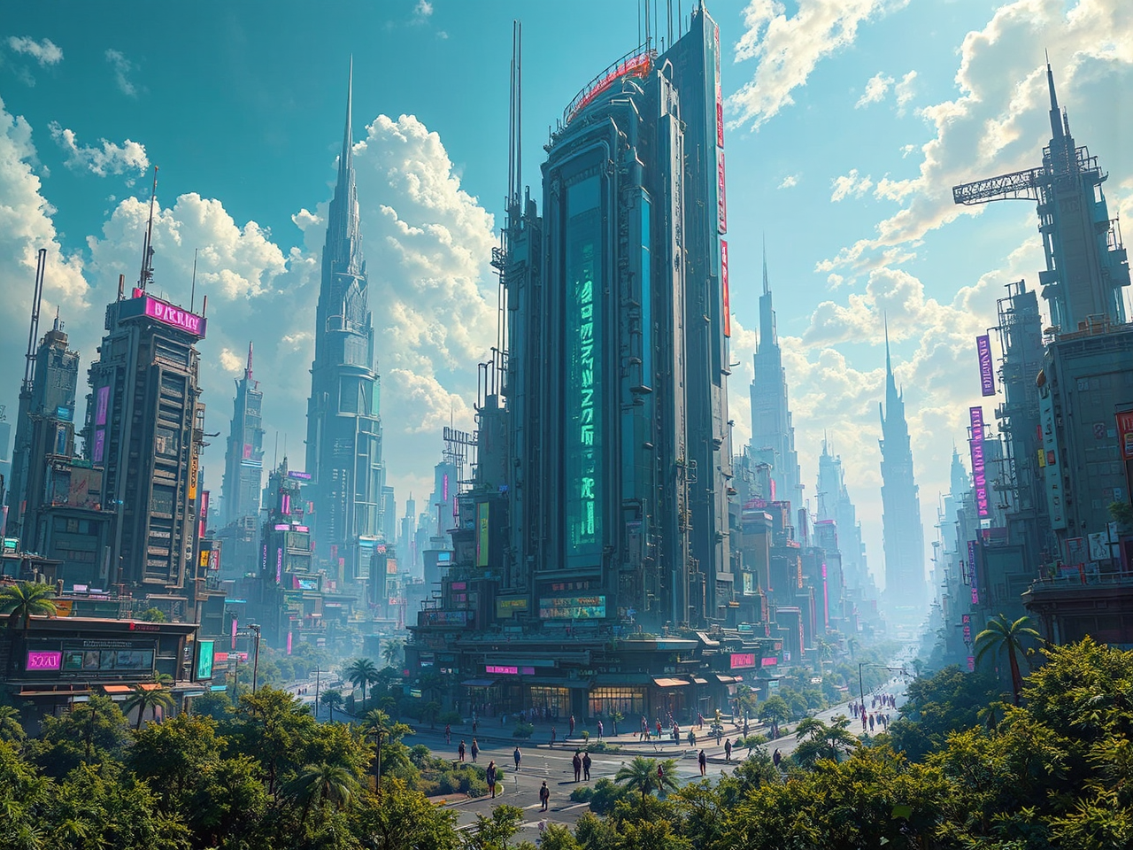 Cyberpunk cityscape with futuristic