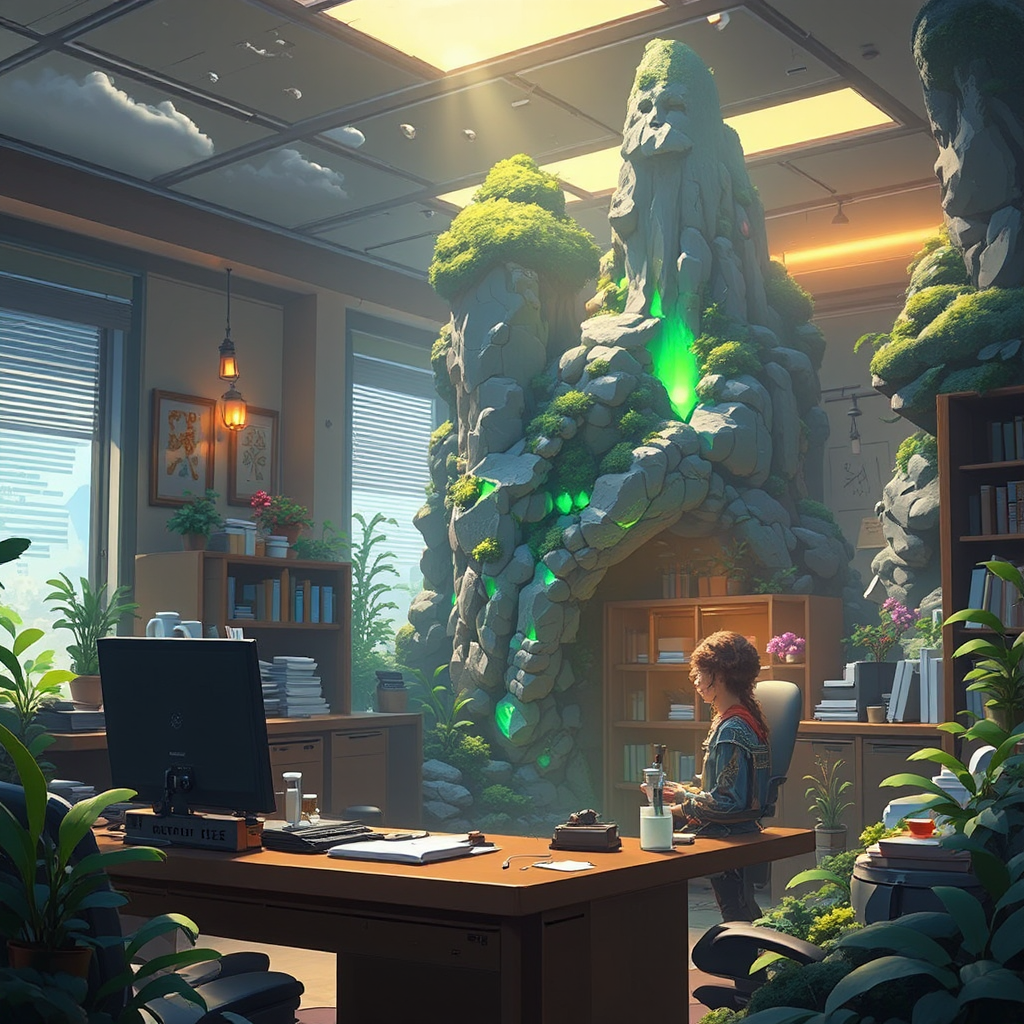Fantasy office environment illustration.