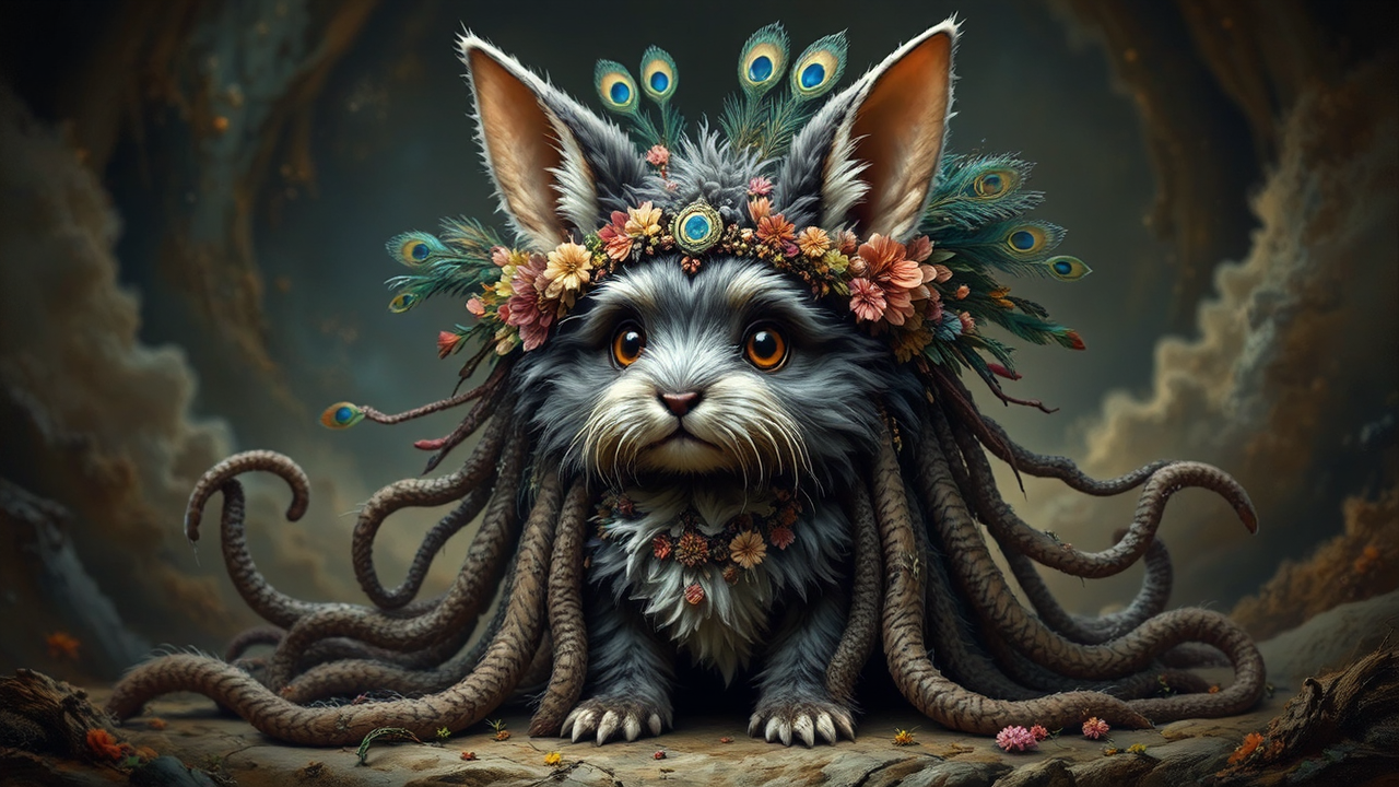 Creature with peacock headdress.