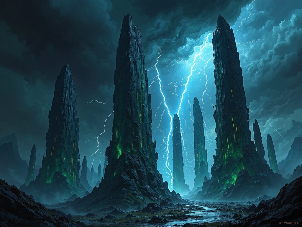 Oily black stone pillars
