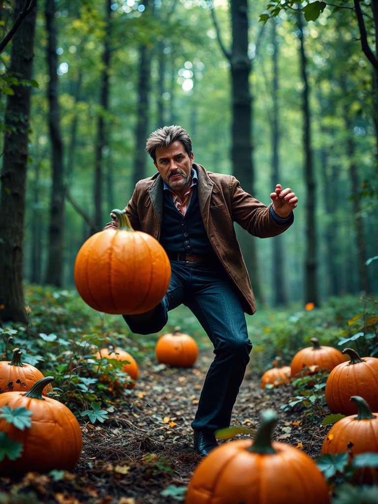 Action figure kicking pumpkins