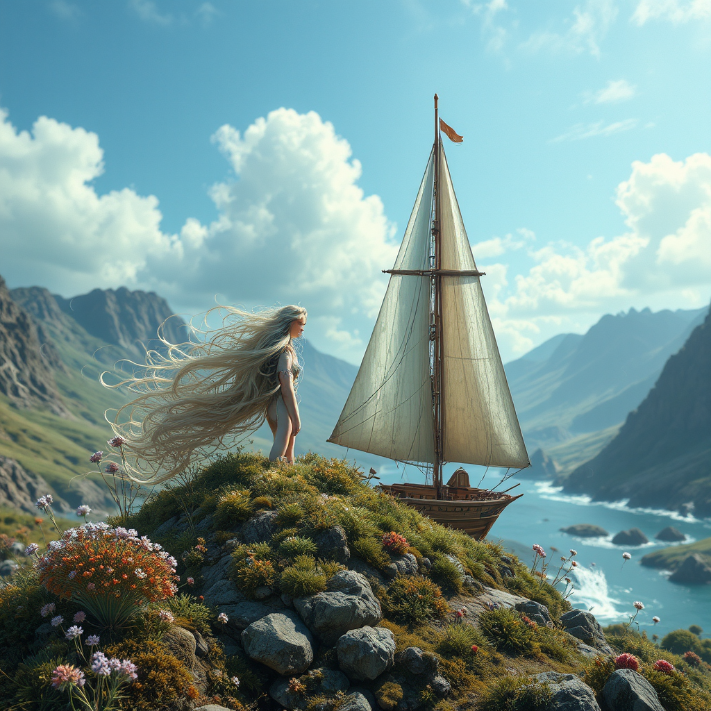 Girl flying in mountains