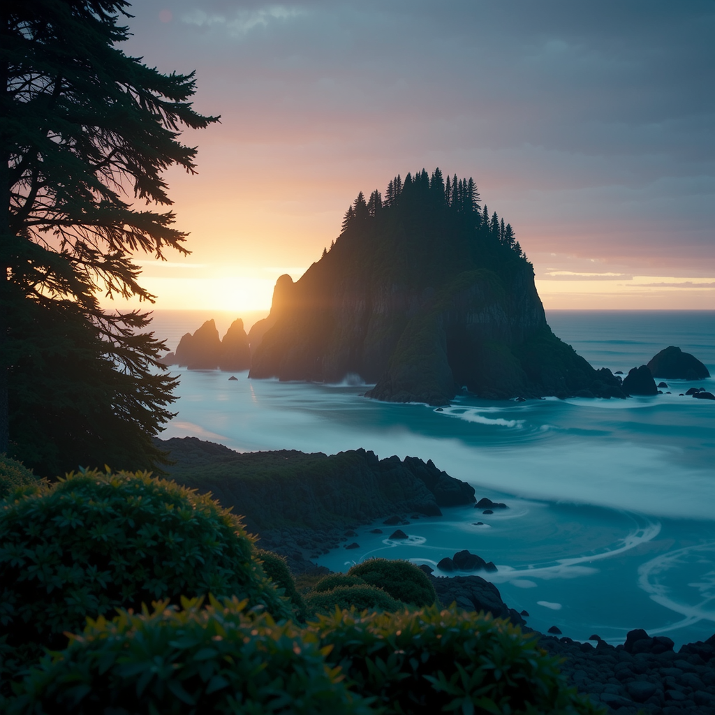Rocky coastline and towering