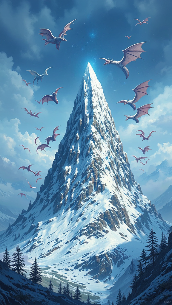 Dragons surround snow-capped fantasy
