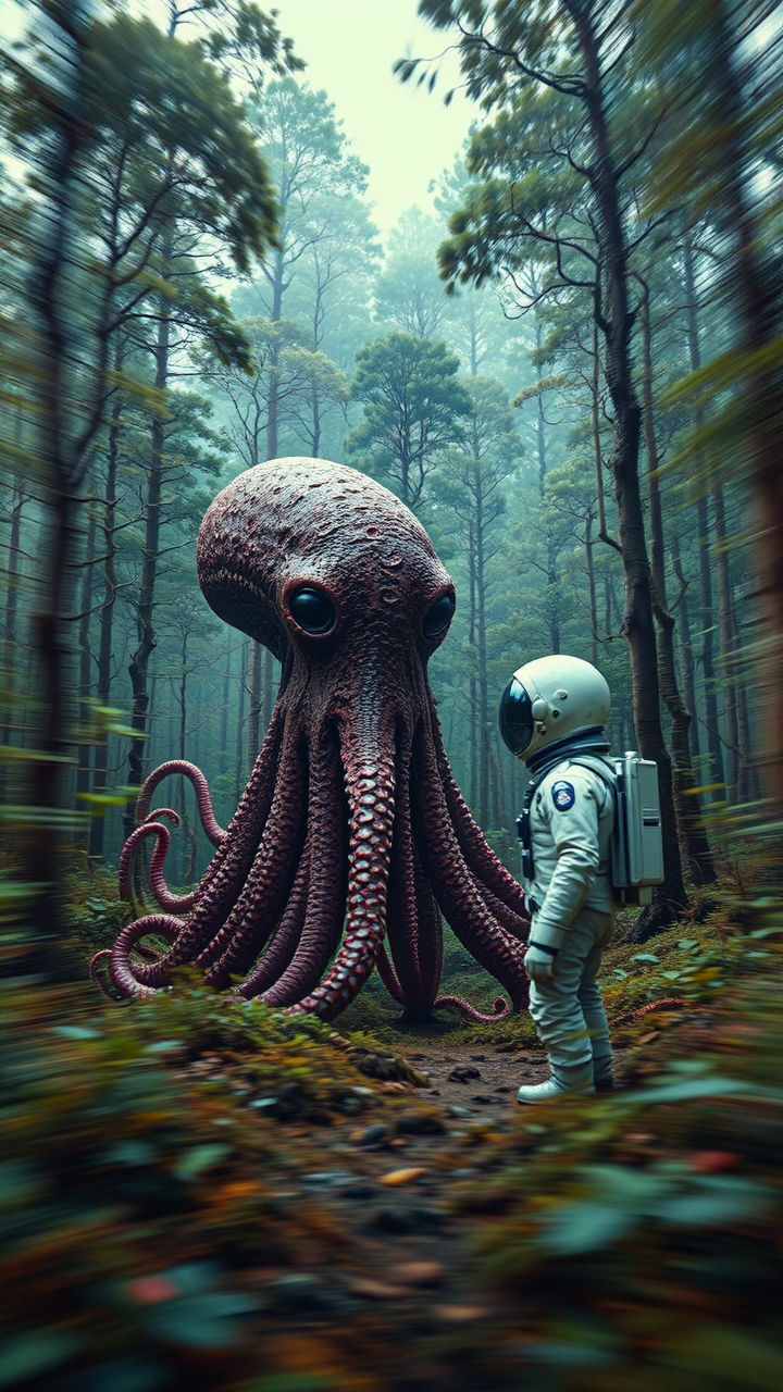 Astronaut meets alien in