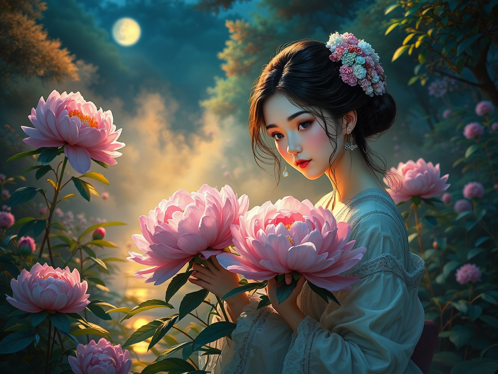 Woman cares for peonies