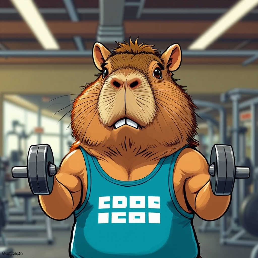 Capybara lifting weights at