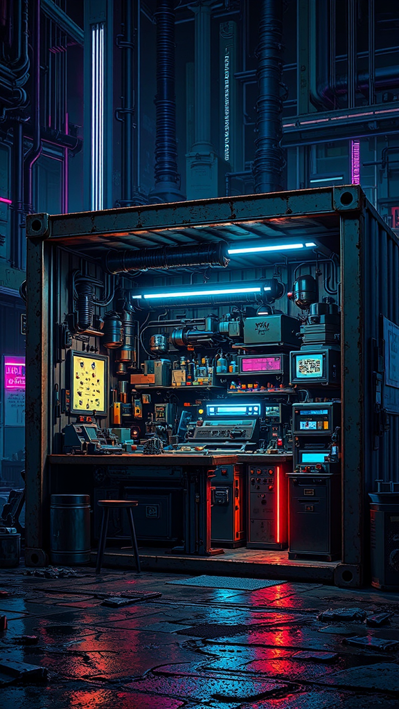 Shipping container sci-fi workshop.