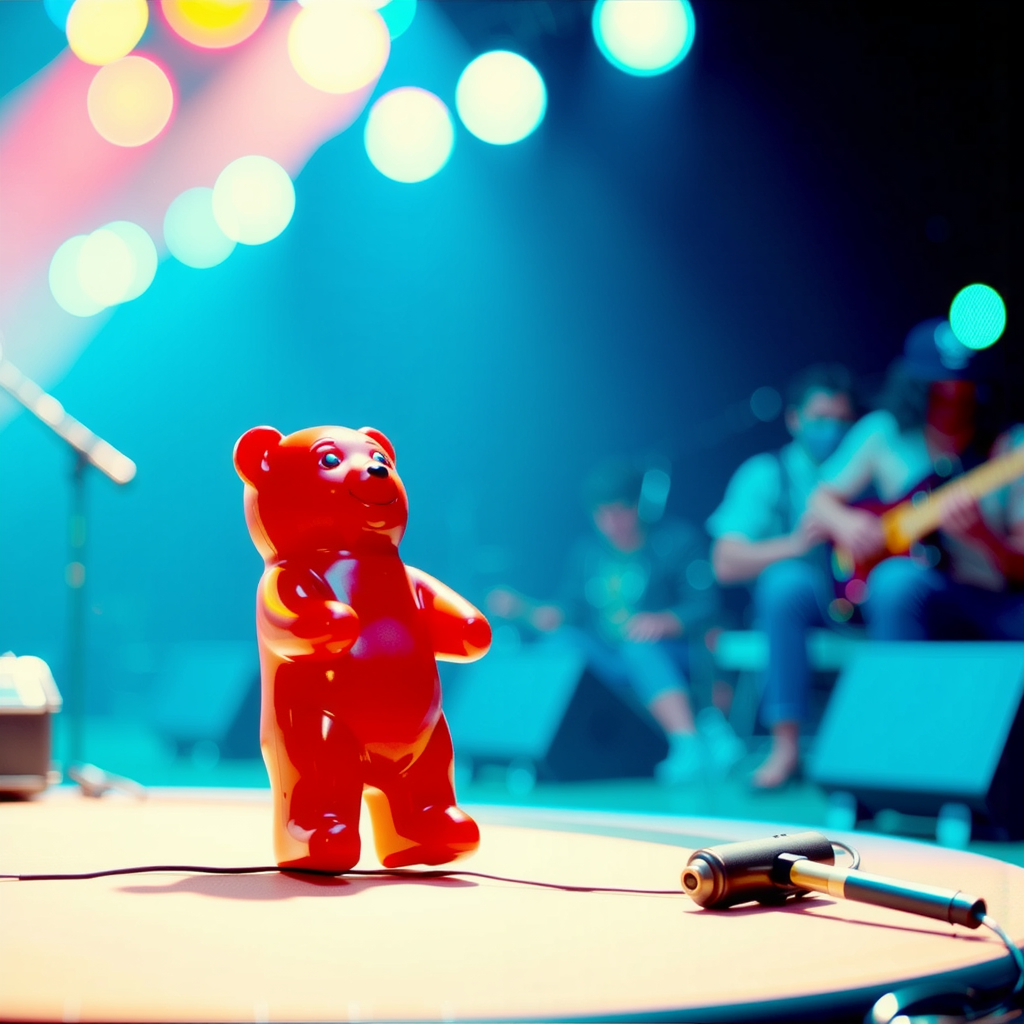 Red gummy bear performs