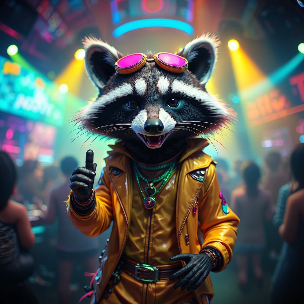 Anthropomorphic racoon dressed in