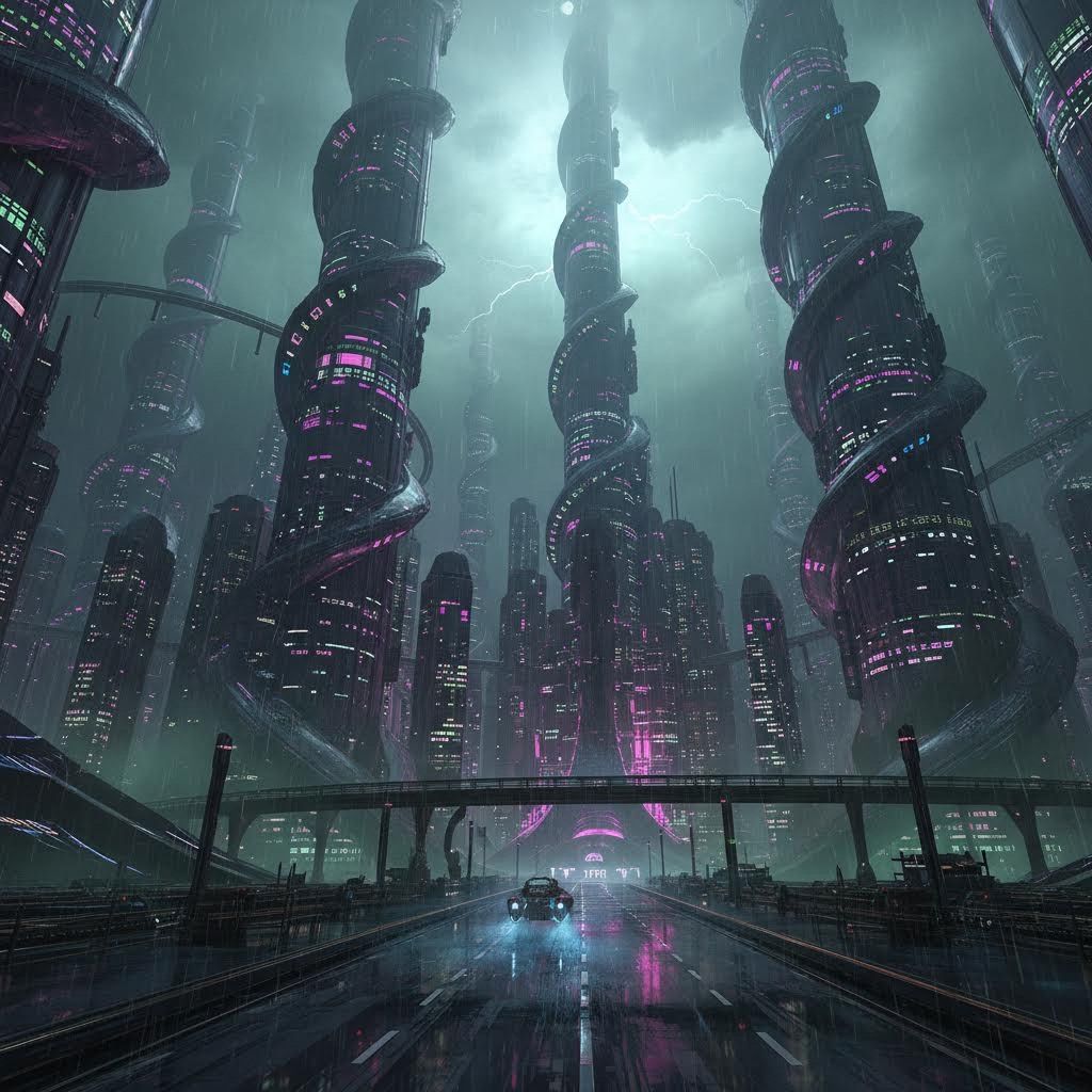 A towering alien metropolis pulses with electric neon hues—vibrant magenta, acid green, and deep ...