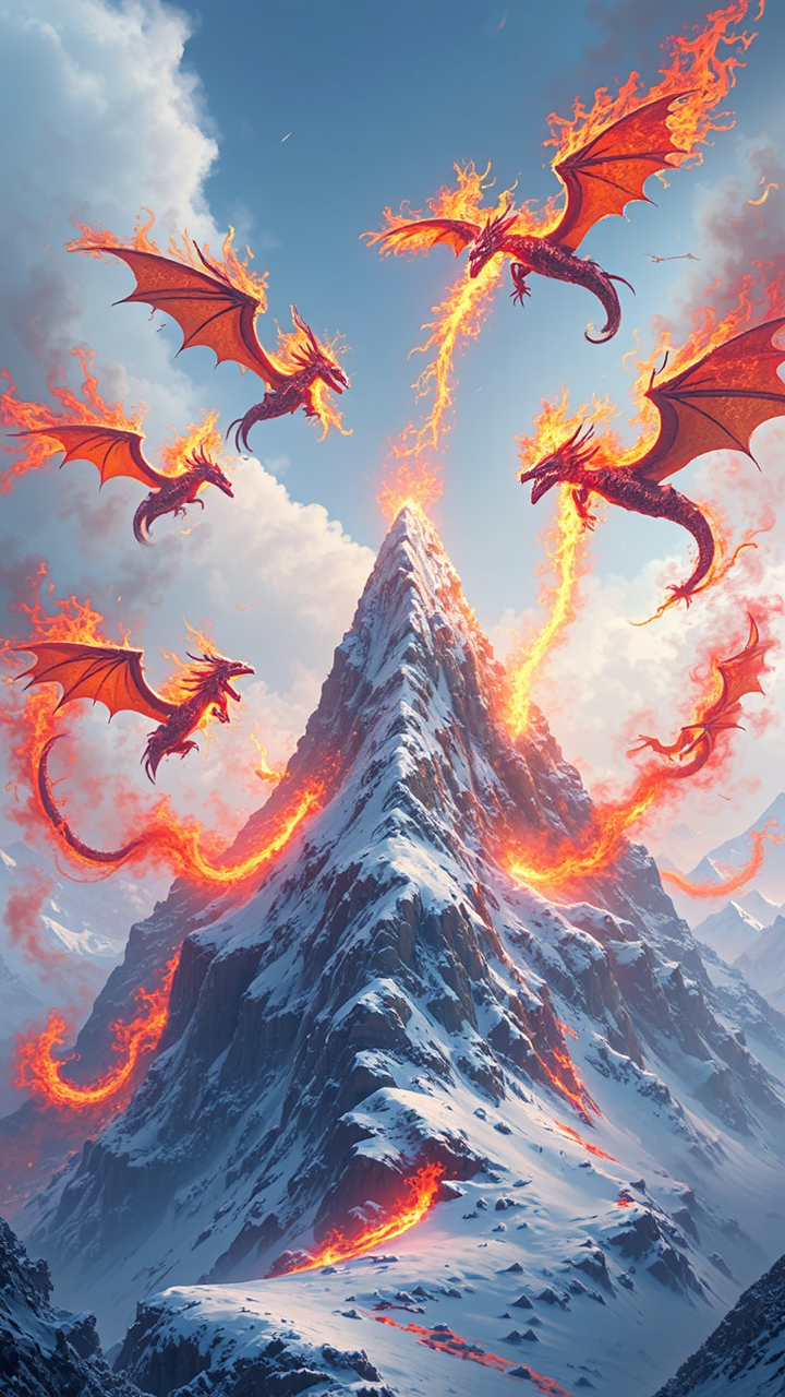 Dragons flying around a