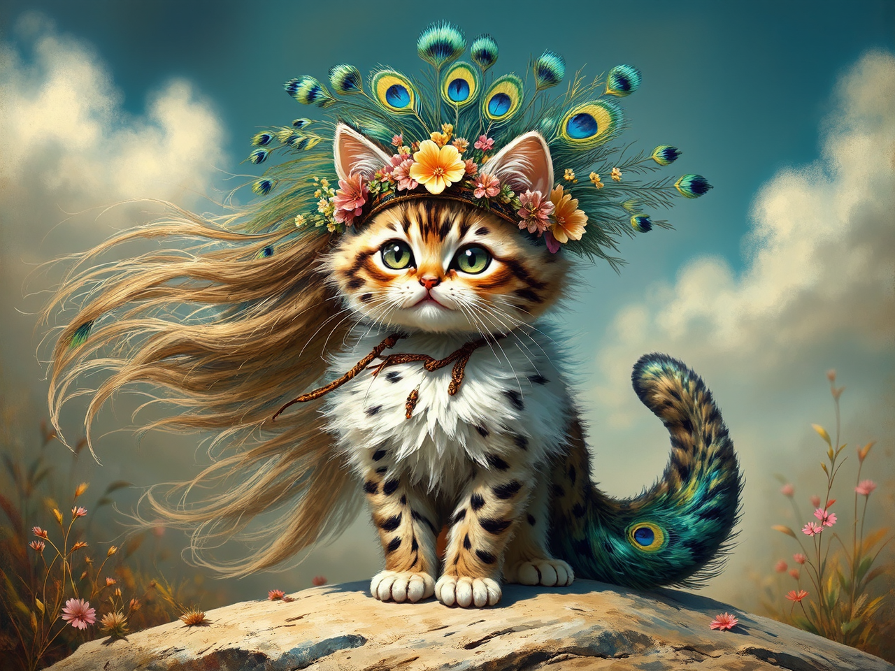 Kitten with peacock hybrid