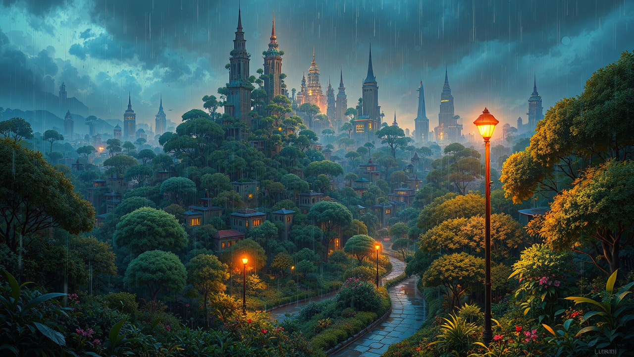 Cityscape with lush greenery.