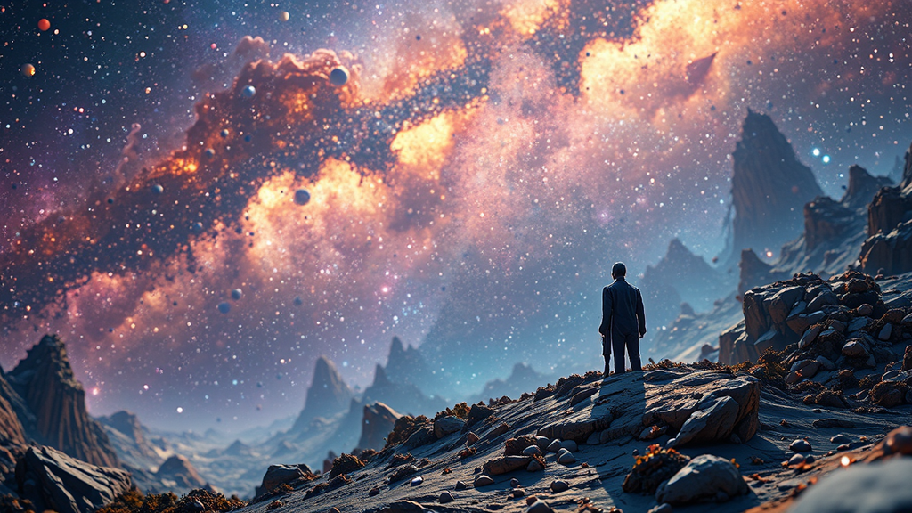 Man floating in starry