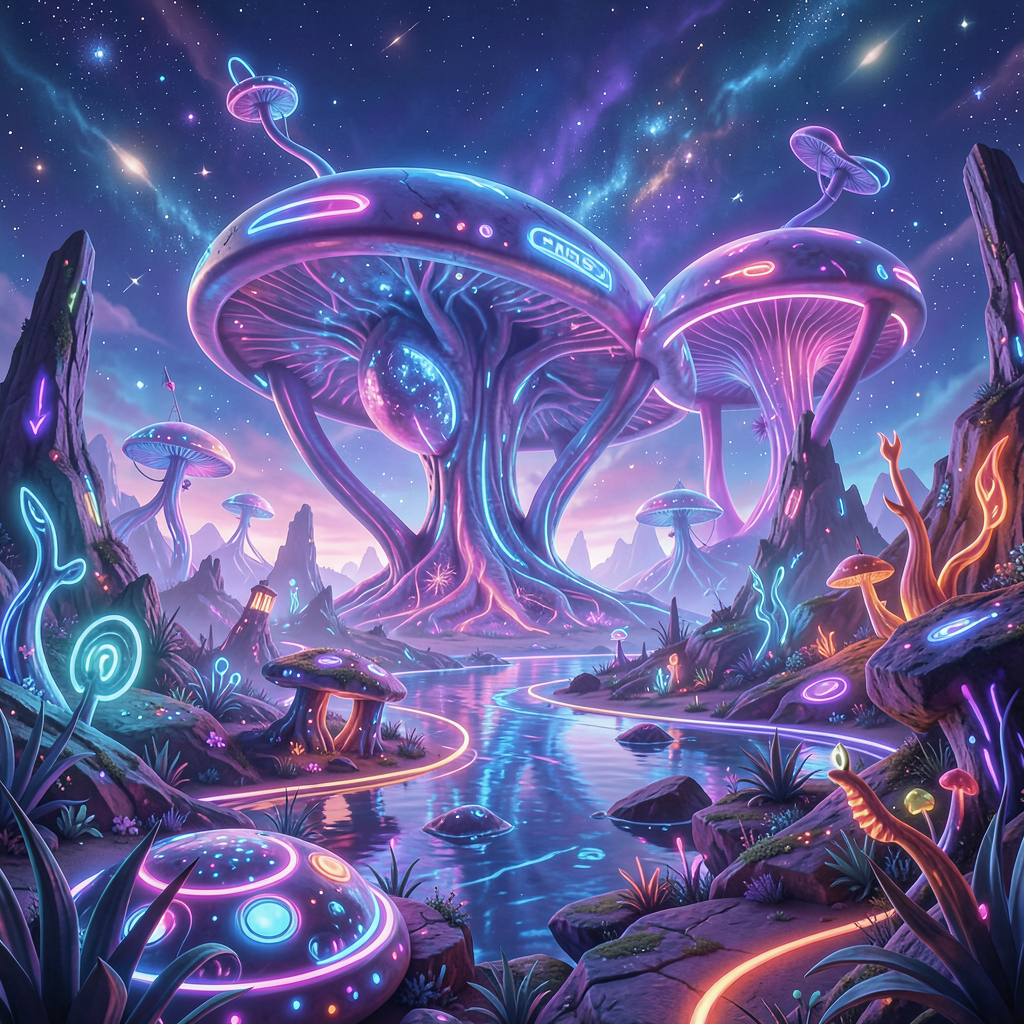alien world, bright neon colors