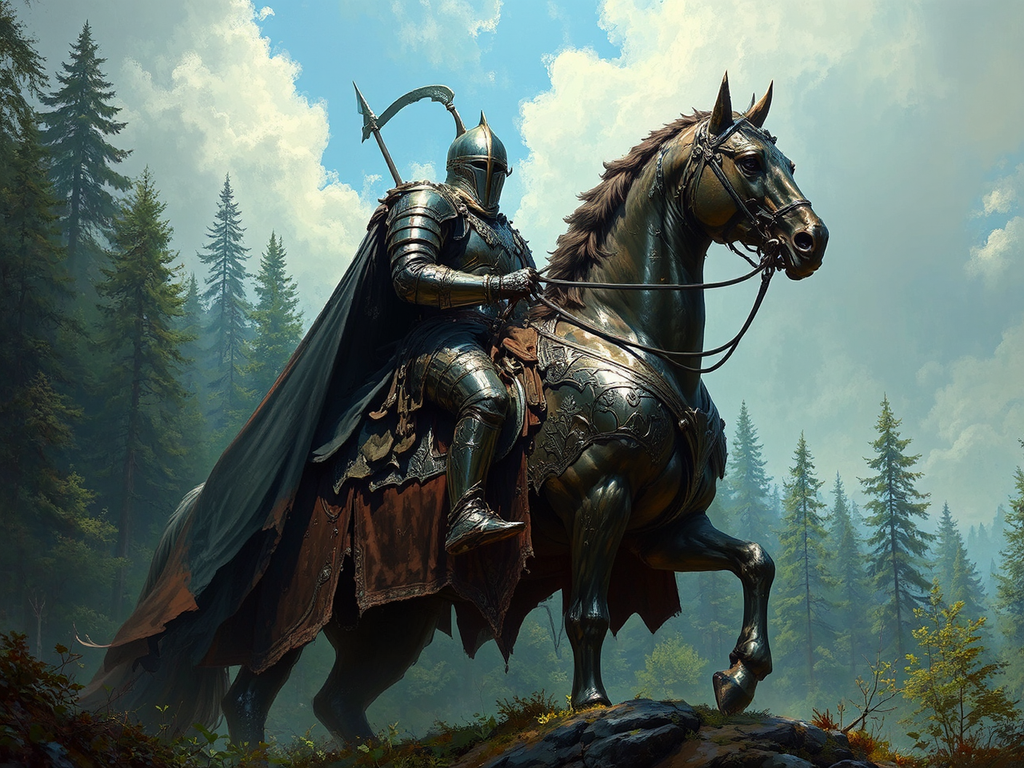 Armored knight rides large
