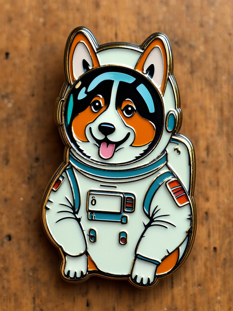 Corgi in space-themed enamel