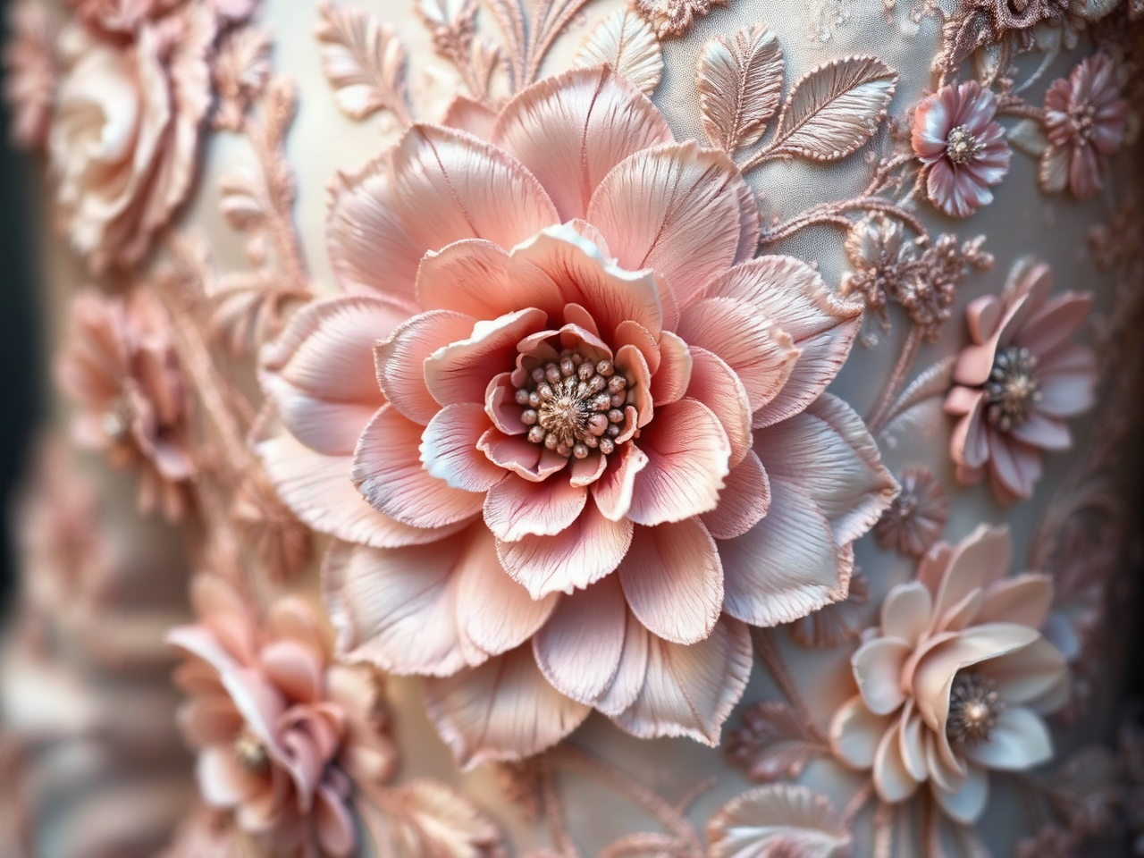 Elaborate silk floral embroidery.