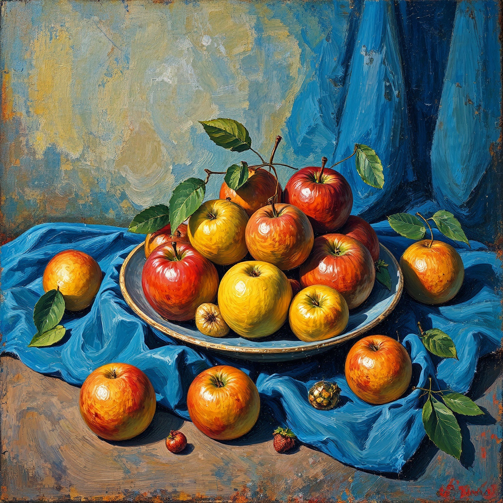 Apples on blue tablecloth.
