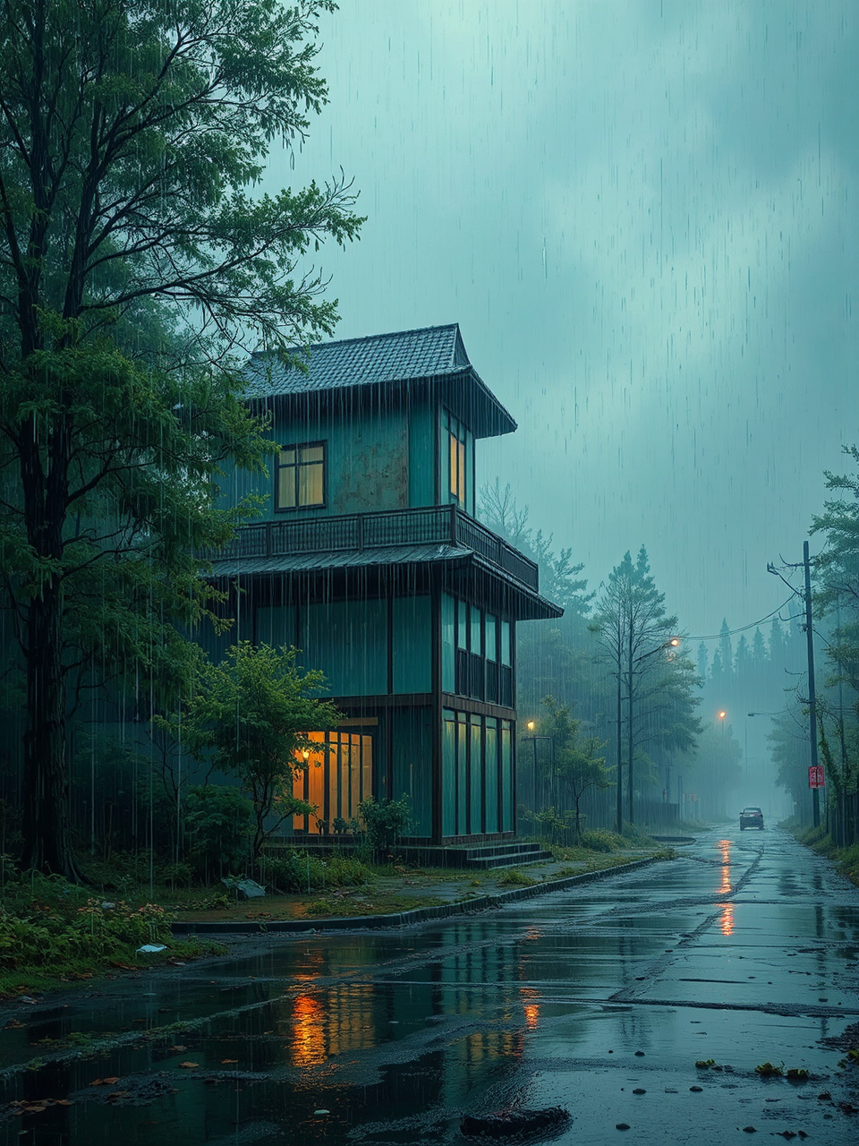 A rainy Pripyat cityscape